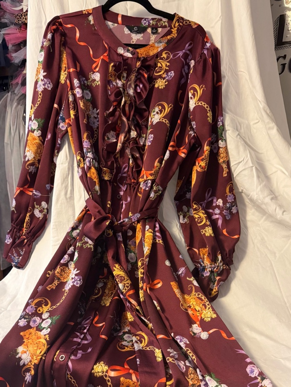 G by Giuliana Burgundy Floral Ruffle Tie-Waist Long Sleeve Dress